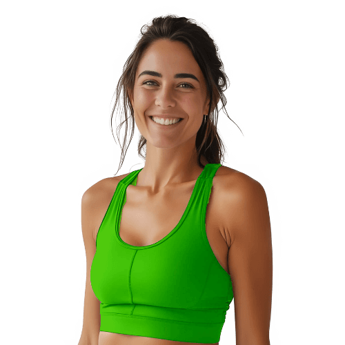 Athletic woman with green  sports bra and dark hair