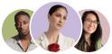 Group of three profile pictures of diverse individuals in circular frames.