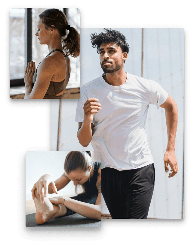 Collage of fitness moments showing a woman running and a couple exercising together.