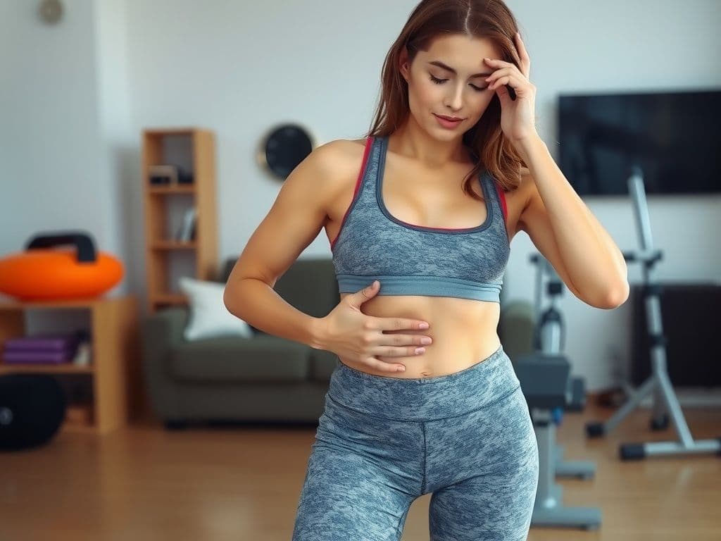 Fit woman in a gray sports outfit touching her stomach, appearing to assess her progress in a home gym.