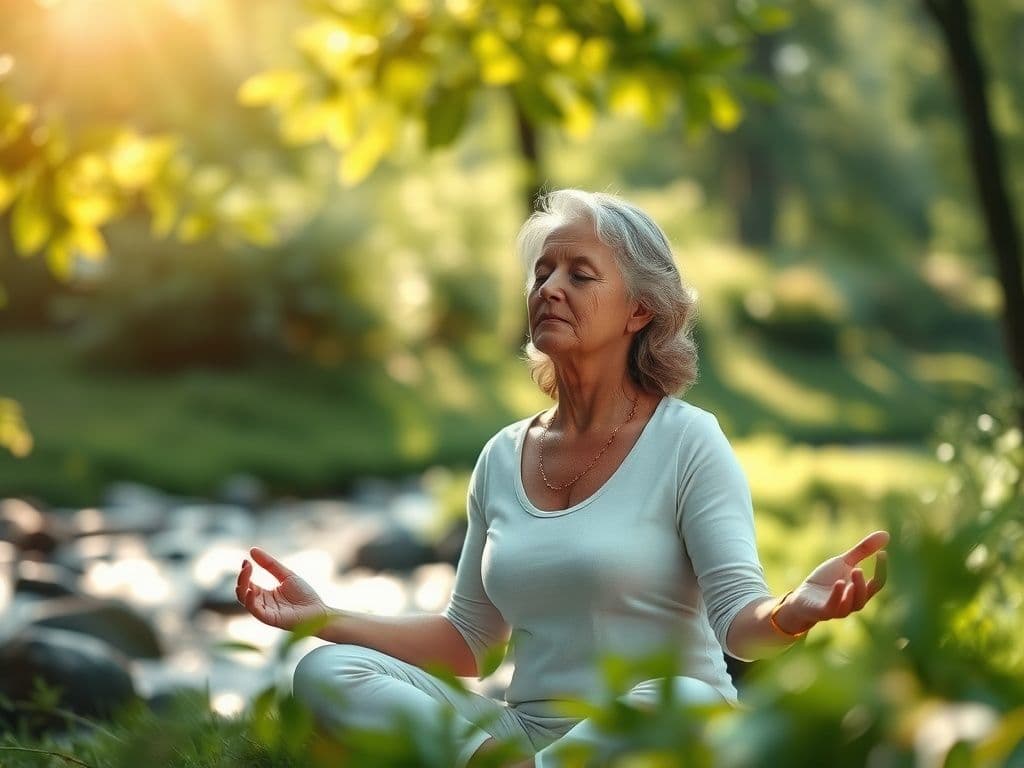 Older woman practicing meditation outdoors, sitting in a peaceful natural setting.