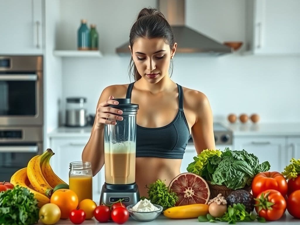 Fit woman in a kitchen preparing a smoothie, surrounded by fresh fruits and vegetables.