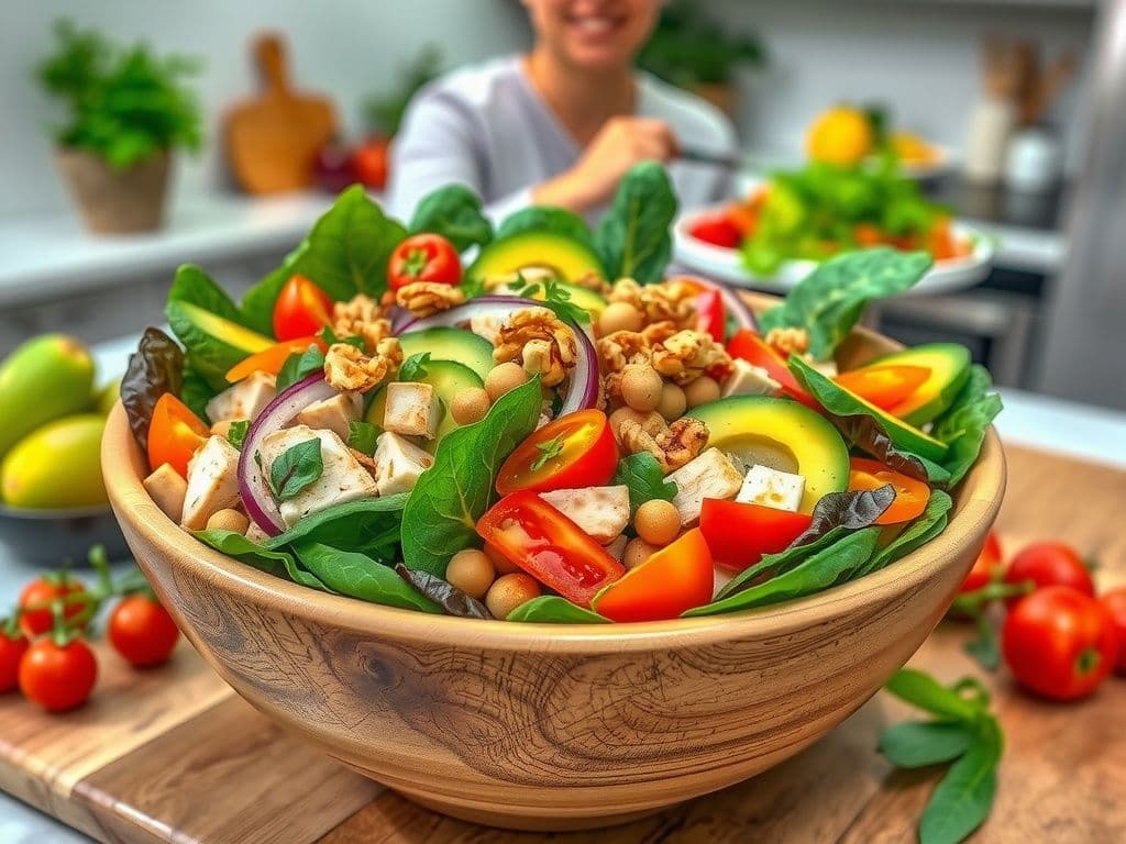 Close-up of a colorful salad with fresh vegetables, nuts, and greens in a wooden bowl.