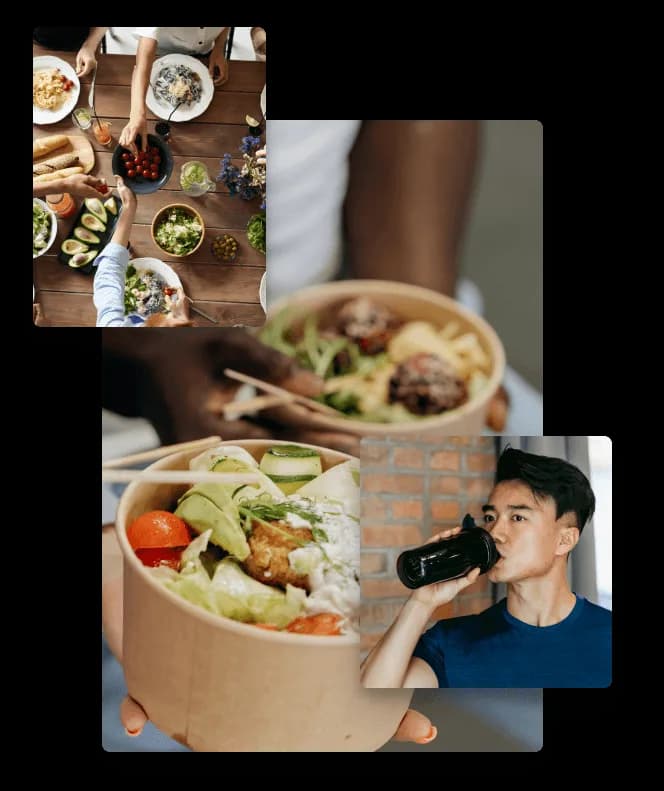 Healthy meal bowls and a woman enjoying nutritious plant-based food