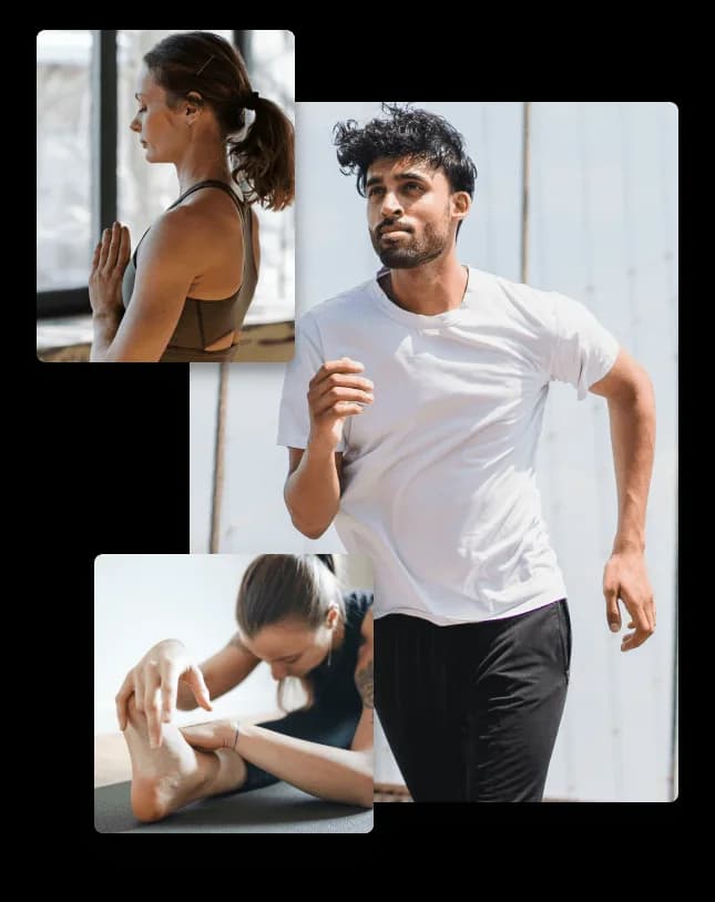 Collage of people running, stretching, and meditating in Hoola on-demand workout classes